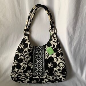 Vera Bradley Black White Large Hobo Handbag Quilted Floral Pattern Purse